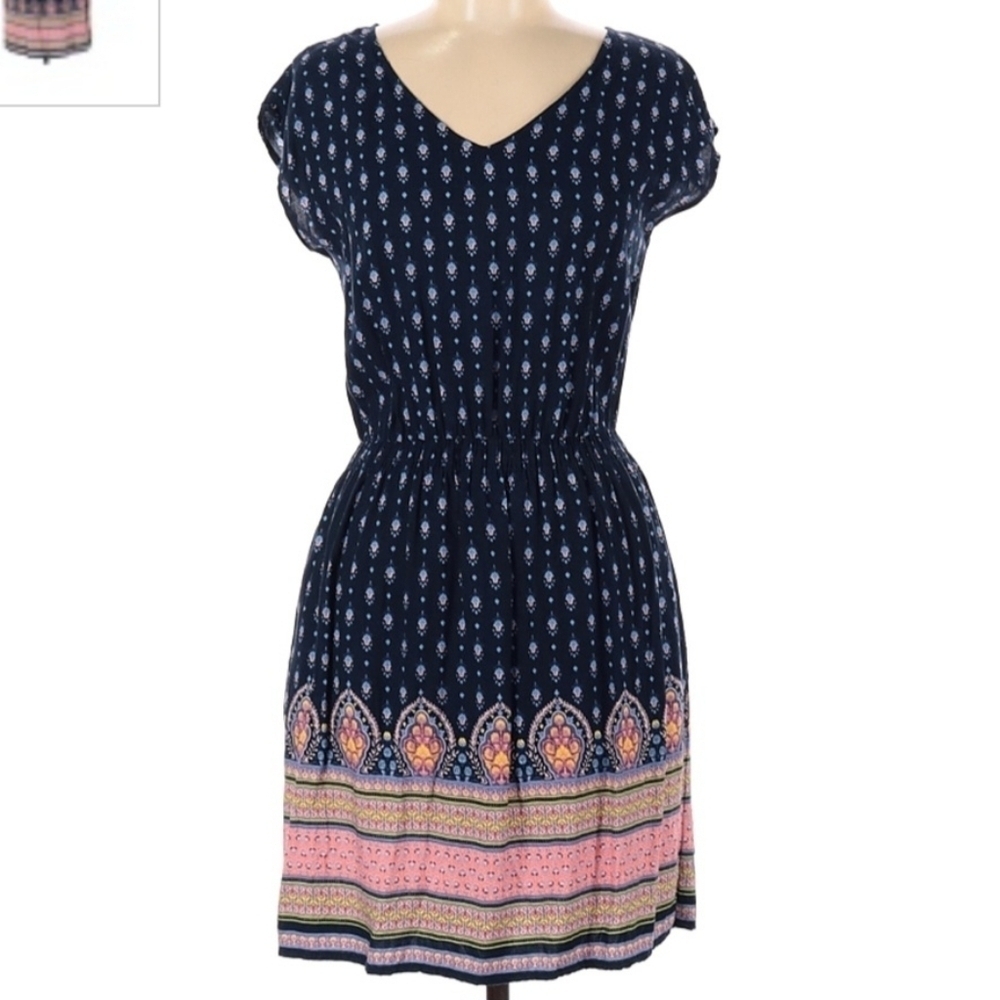 Mossimo Short Sleeve V-Neck Keyhole Dress Pockets Women's Medium M Blue Cute EUC